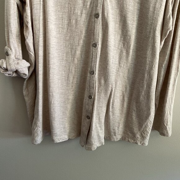 J.Jill Women XL Oatmeal Jersey Slub Roll Tab Sleeves V-Neck Button Up Top - Picture 2 of 9